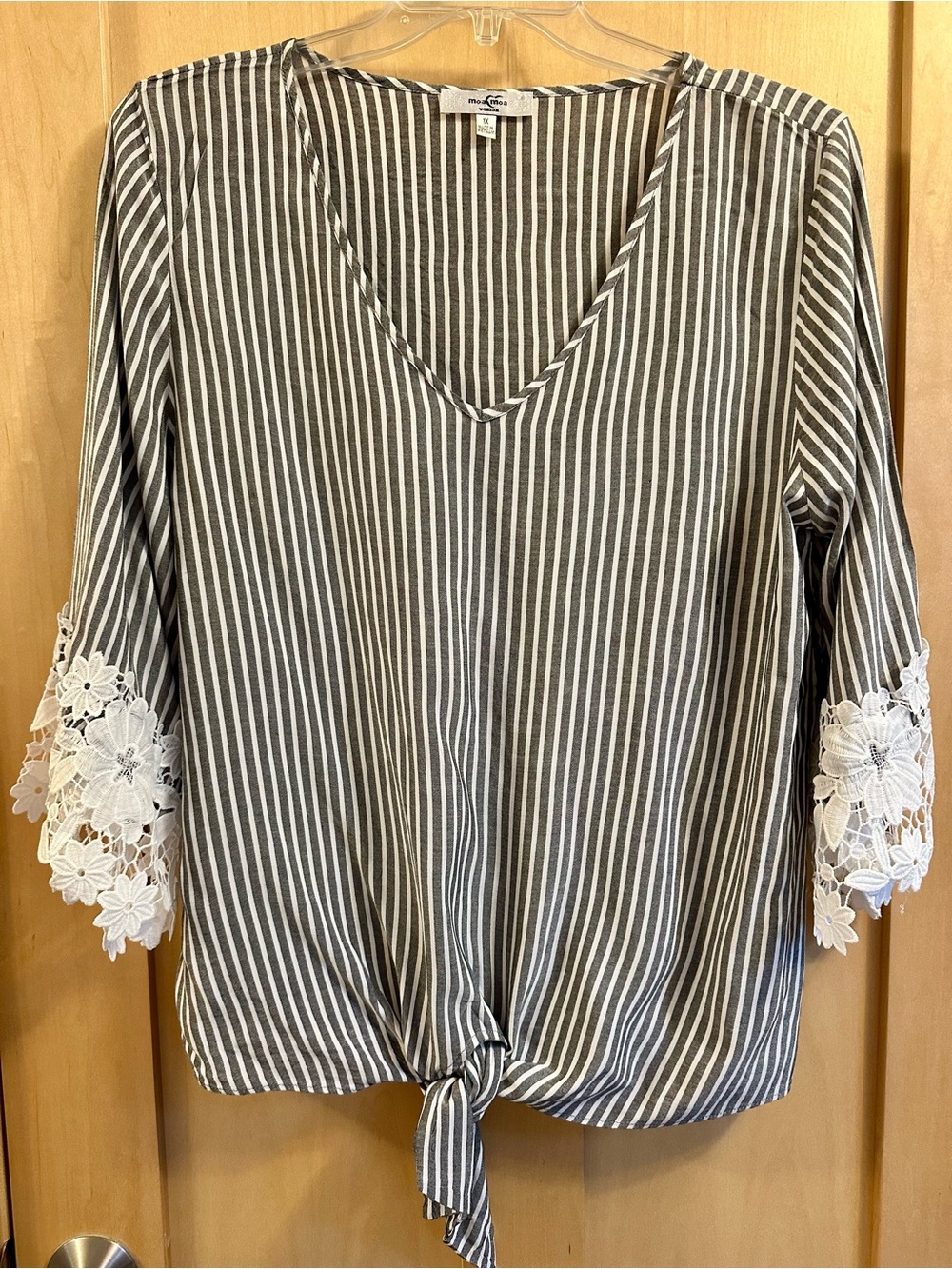 Moa Moa Woman Vertical Striped Boho Crochet Lace Bell Sleeve Tie Front Top 1X